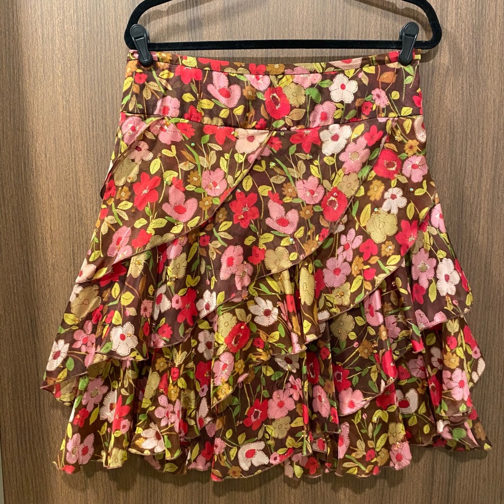 CONTEXT‎ 100% Silk Floral Skirt Size 2 Ruffle Beaded Romantic Flowy Y2K Feminine - Picture 3 of 17